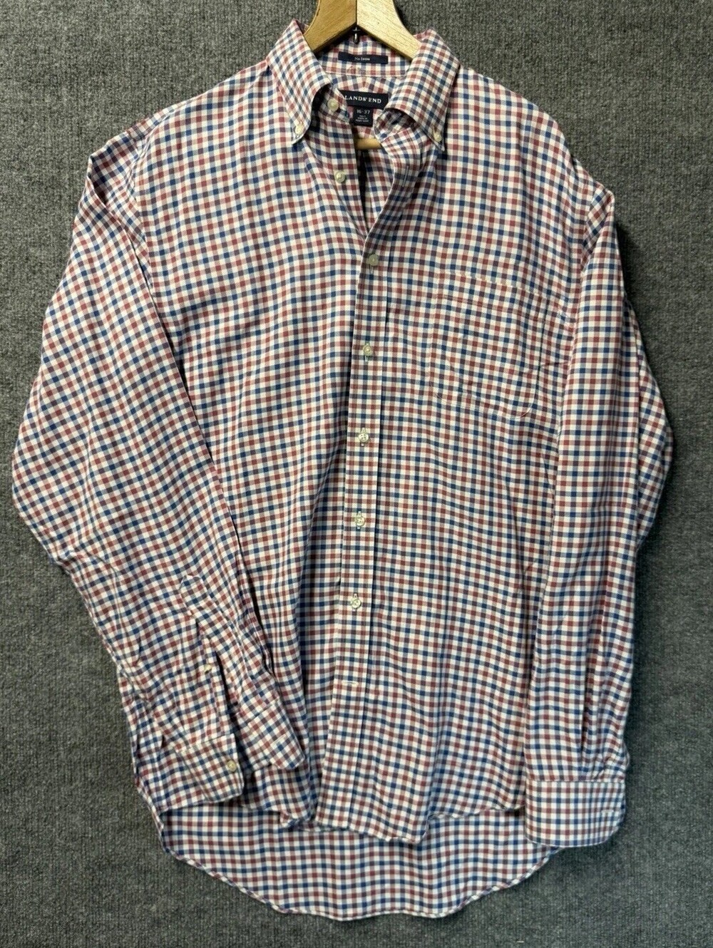 Lands End No Iron Twill Red White Blue Gingham Long Sleeve 16/37